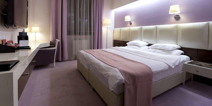 Beautiful pink and purple hotel room